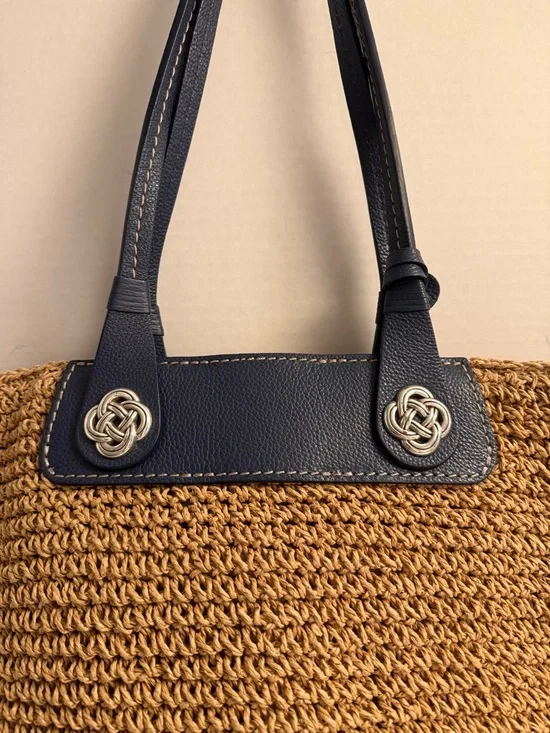 Brighton Lena Straw Tote Blue Leather Trim | Interlok Knot Charm Coastal Chic - Picture 6 of 10